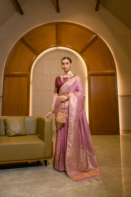 baby pink satin zari saree 2