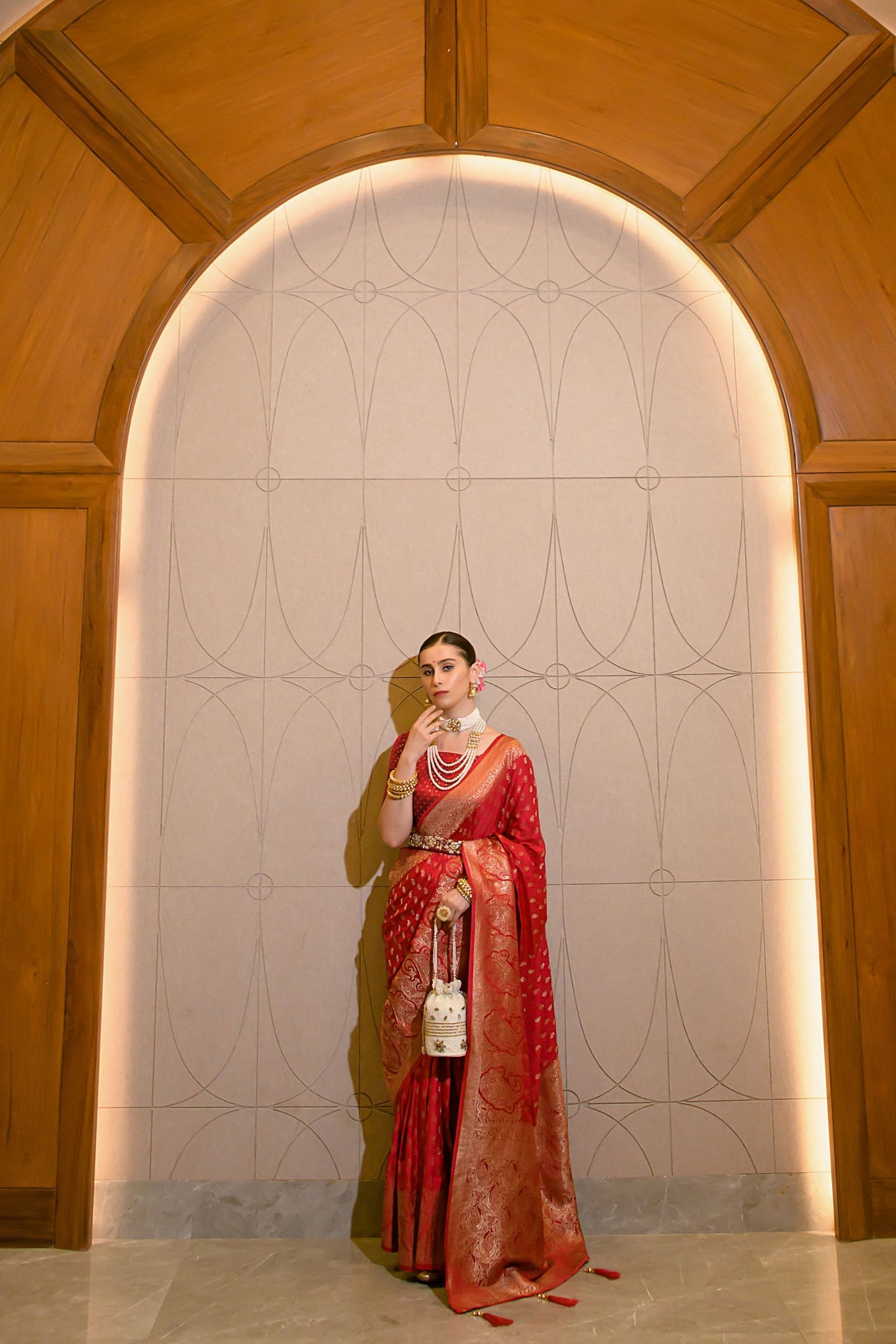 cherry red satin zari saree 2