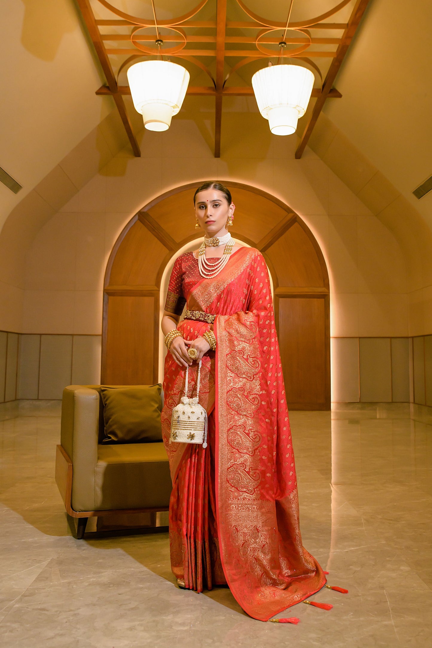 cherry red satin zari saree 3