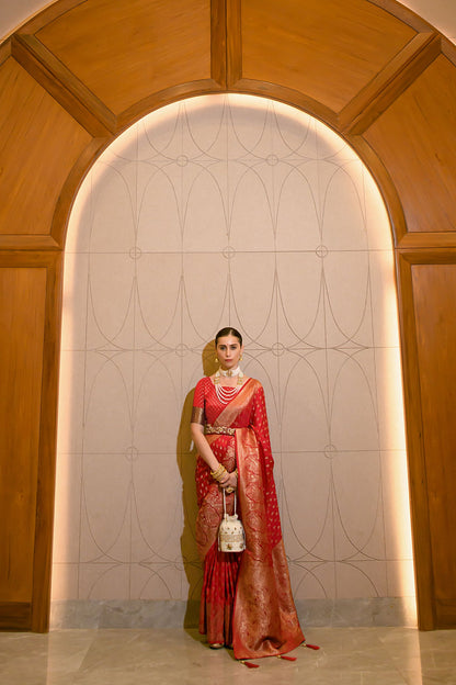 cherry red satin zari saree 8