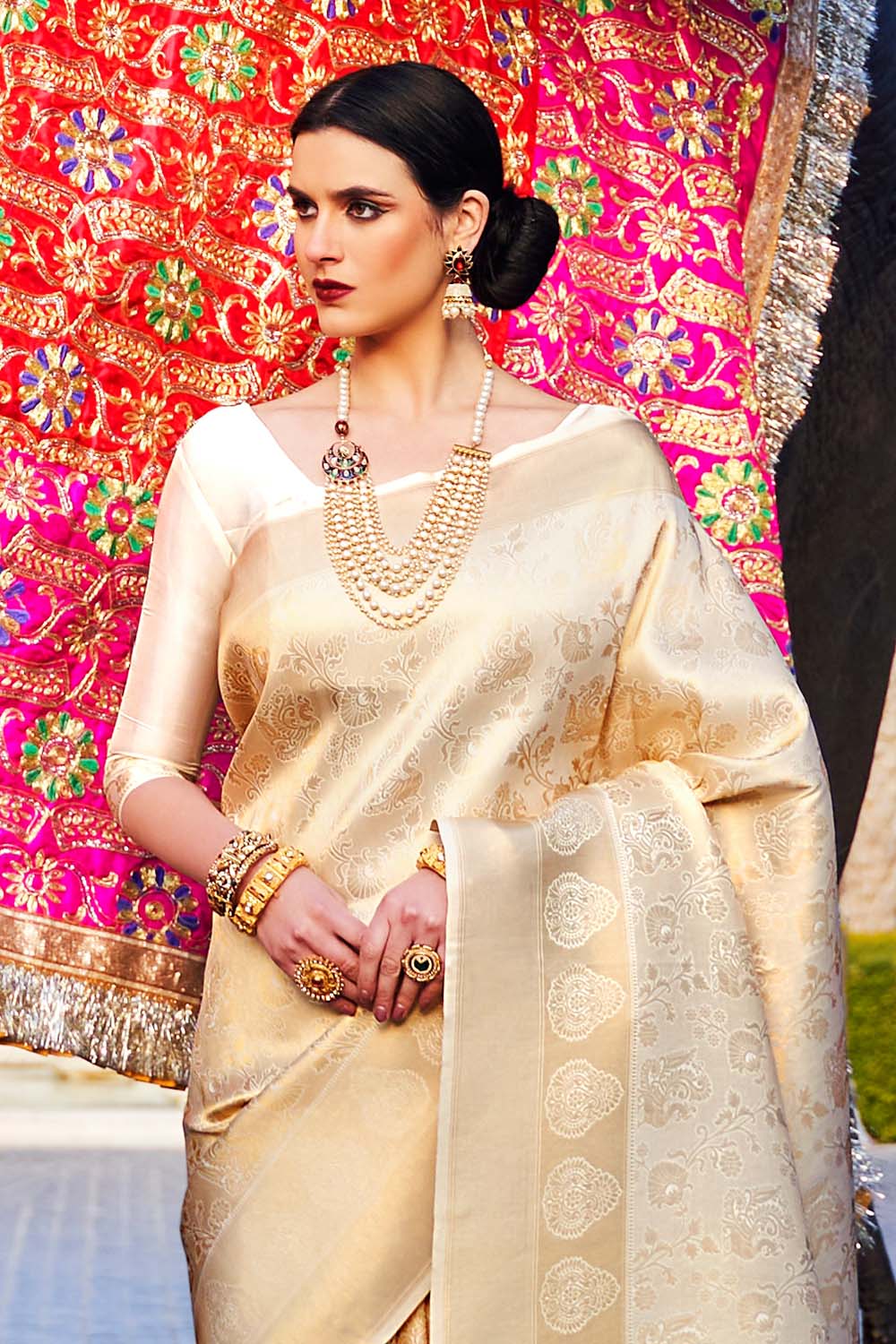 Buy Satrani White & Golden Woven Saree With Unstitched Blouse for Women  Online @ Tata CLiQ