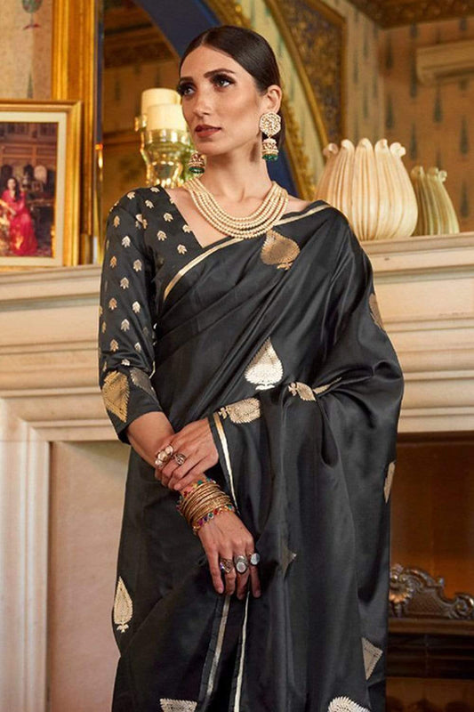 onyx black zari butta woven banarasi saree 1