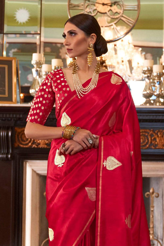 crimson red zari butta woven banarasi saree 1