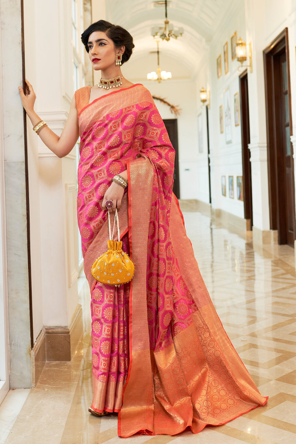 french pink banarasi saree 3