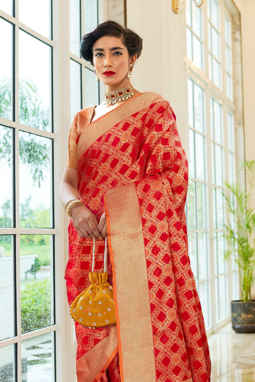 carmine red banarasi saree 1