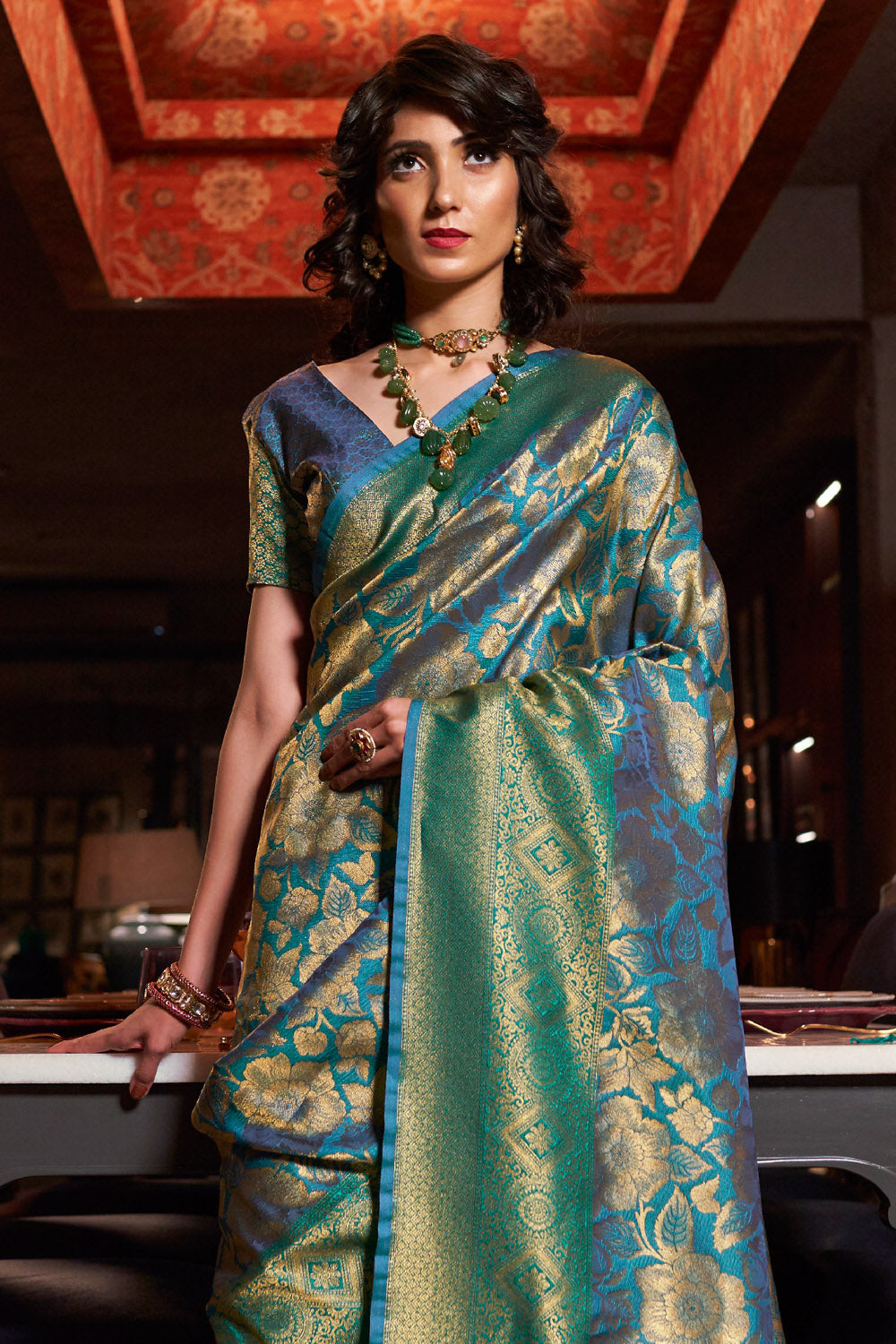 teal blue woven kanjivaram saree 1