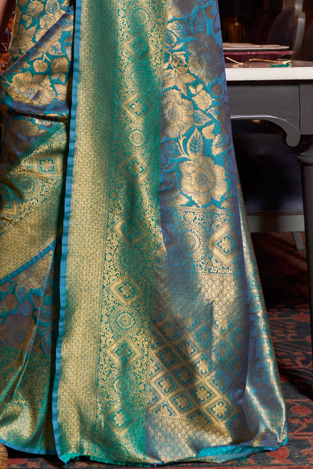 teal blue woven kanjivaram saree 2