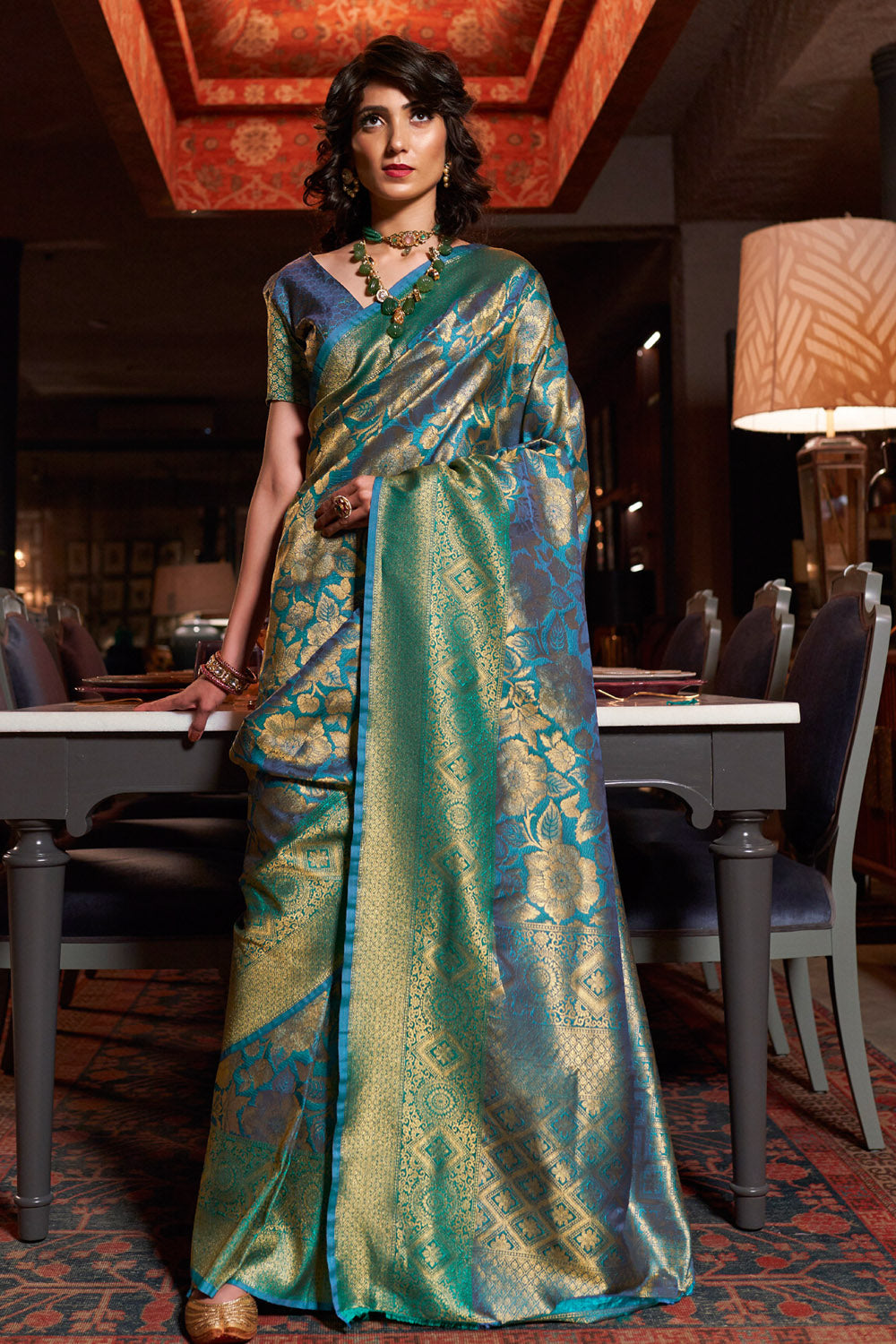 teal blue woven kanjivaram saree 3