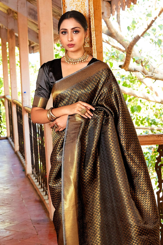 raven black zari woven kanjivaram saree 1