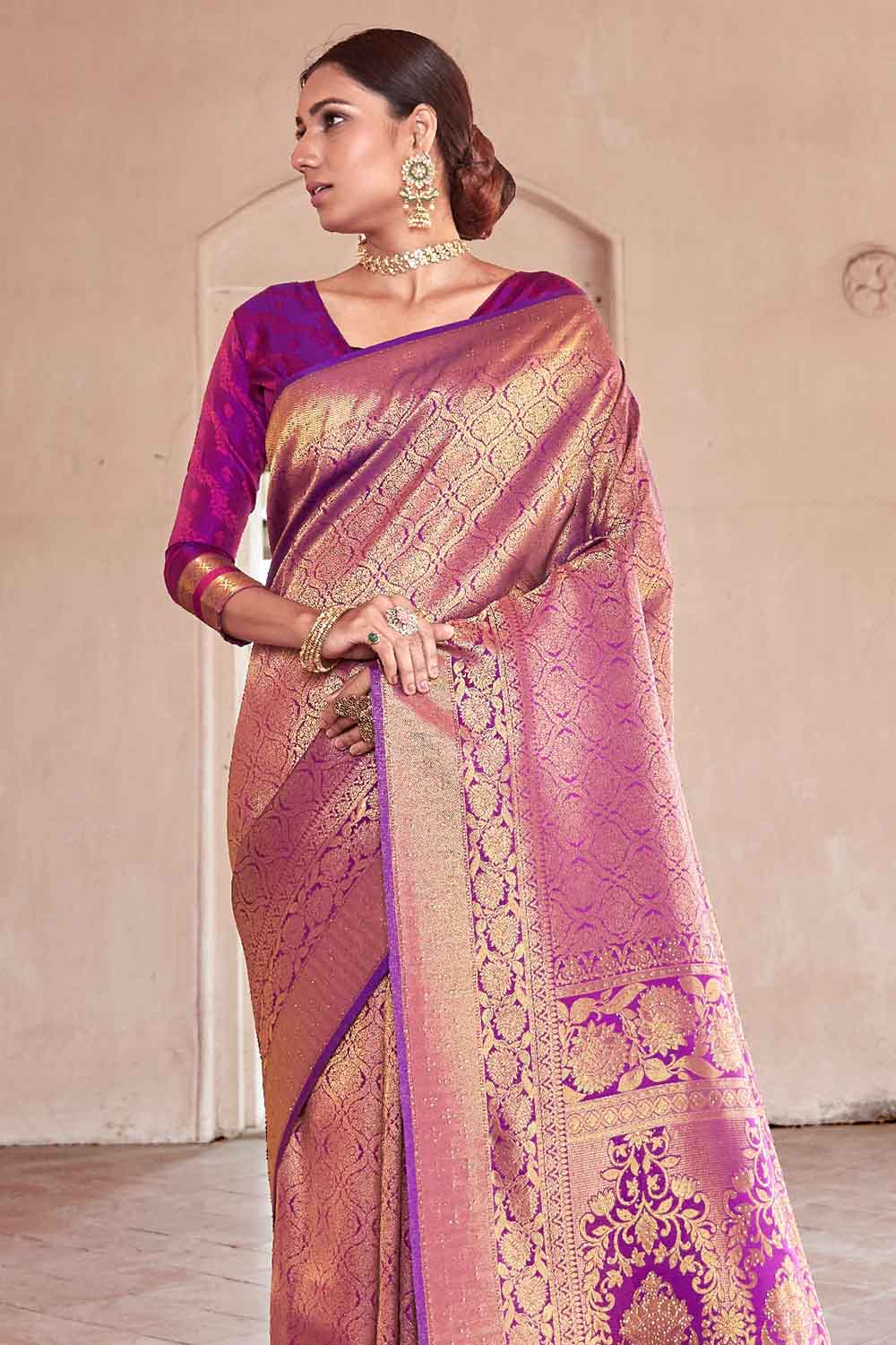 boysenberry purple zari woven kanjivaram fusion saree with swaroski 1