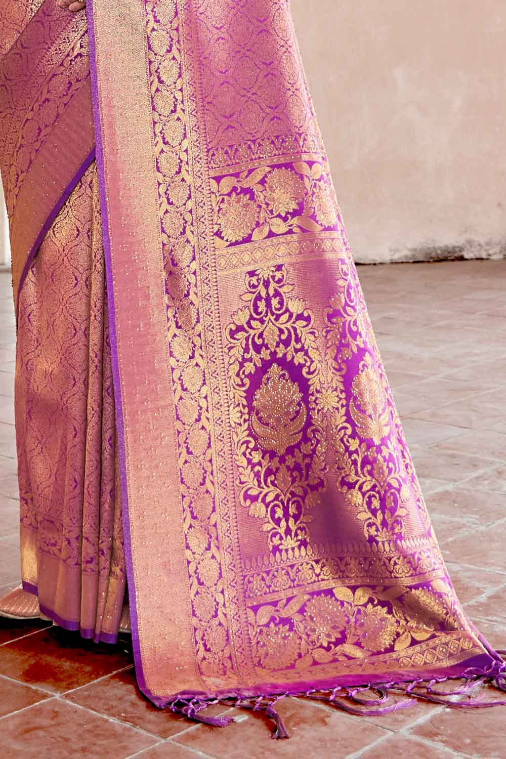 boysenberry purple zari woven kanjivaram fusion saree with swaroski 2