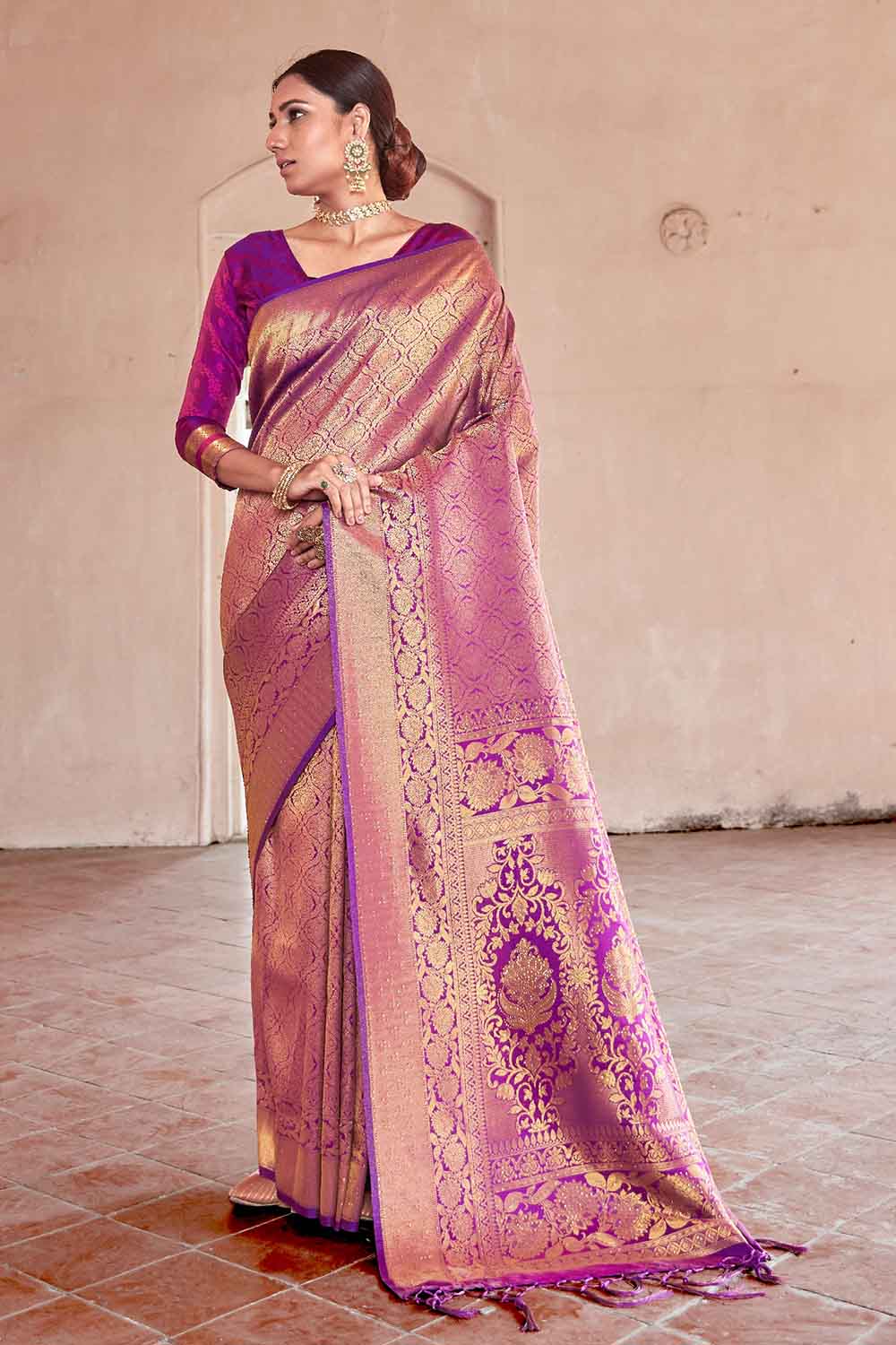 boysenberry purple zari woven kanjivaram fusion saree with swaroski 3