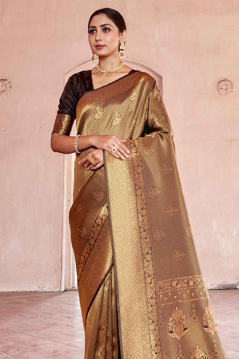 sepia brown zari woven kanjivaram fusion saree with swaroski 1