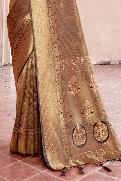 sepia brown zari woven kanjivaram fusion saree with swaroski 2