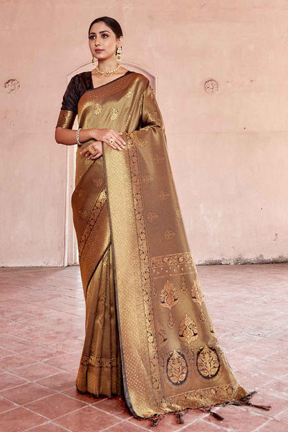 sepia brown zari woven kanjivaram fusion saree with swaroski 3