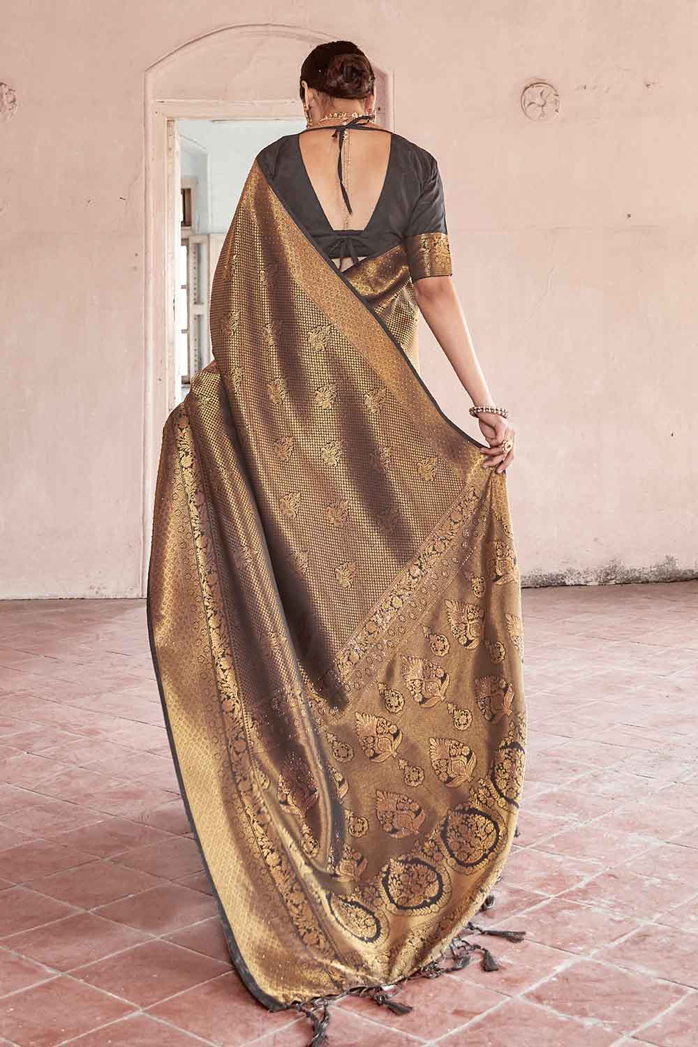 sepia brown zari woven kanjivaram fusion saree with swaroski 4