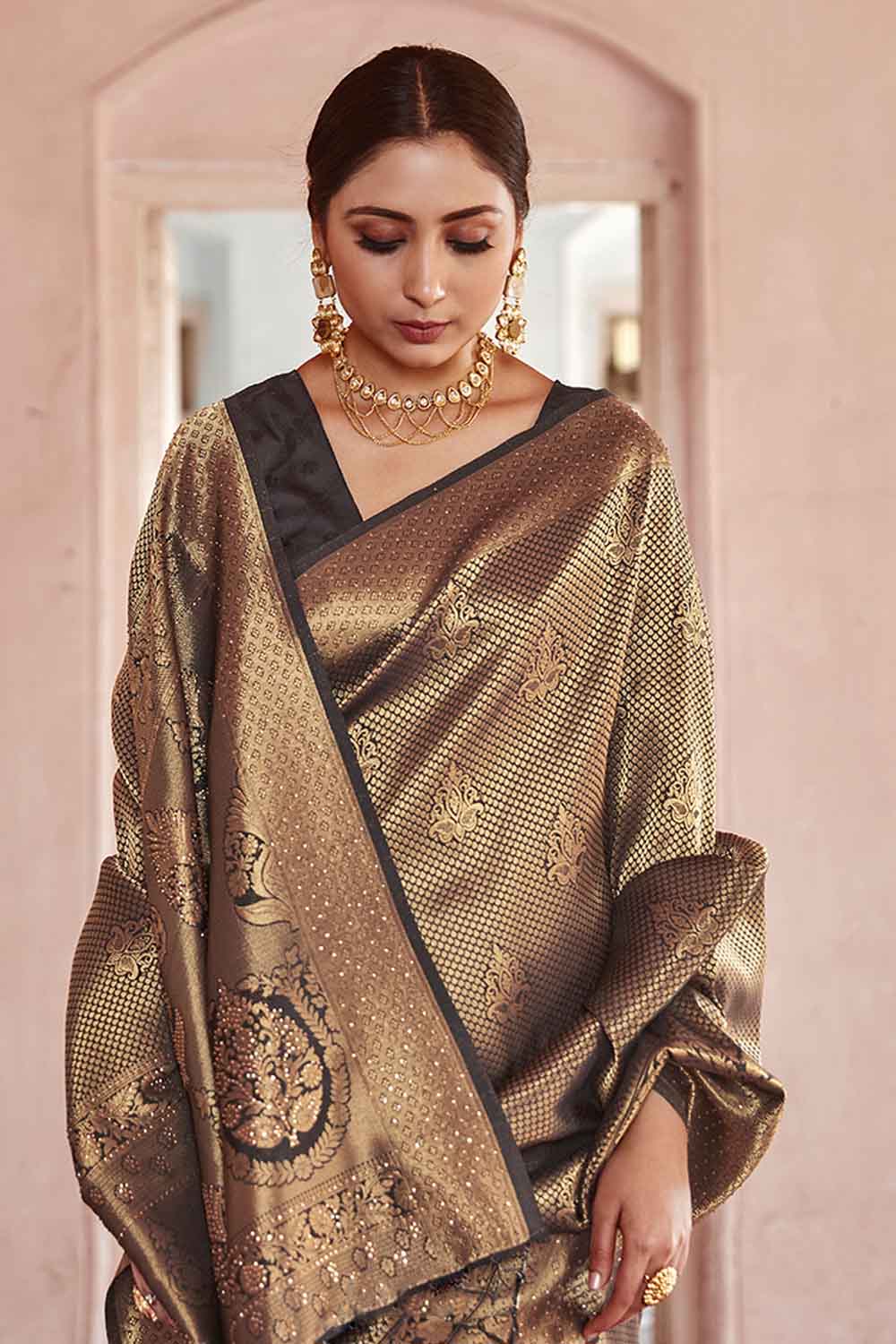 sepia brown zari woven kanjivaram fusion saree with swaroski 5