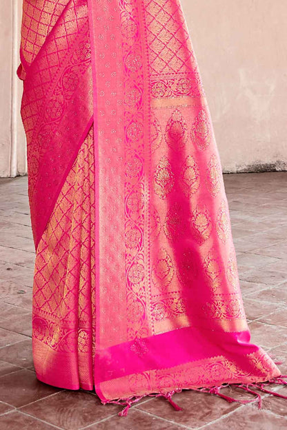 flourscent pink zari woven kanjivaram fusion saree with swaroski 2