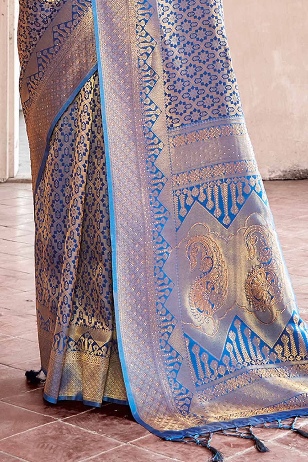 cobalt blue zari woven kanjivaram fusion saree with swaroski 2