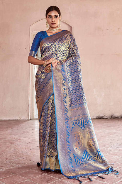 cobalt blue zari woven kanjivaram fusion saree with swaroski 3