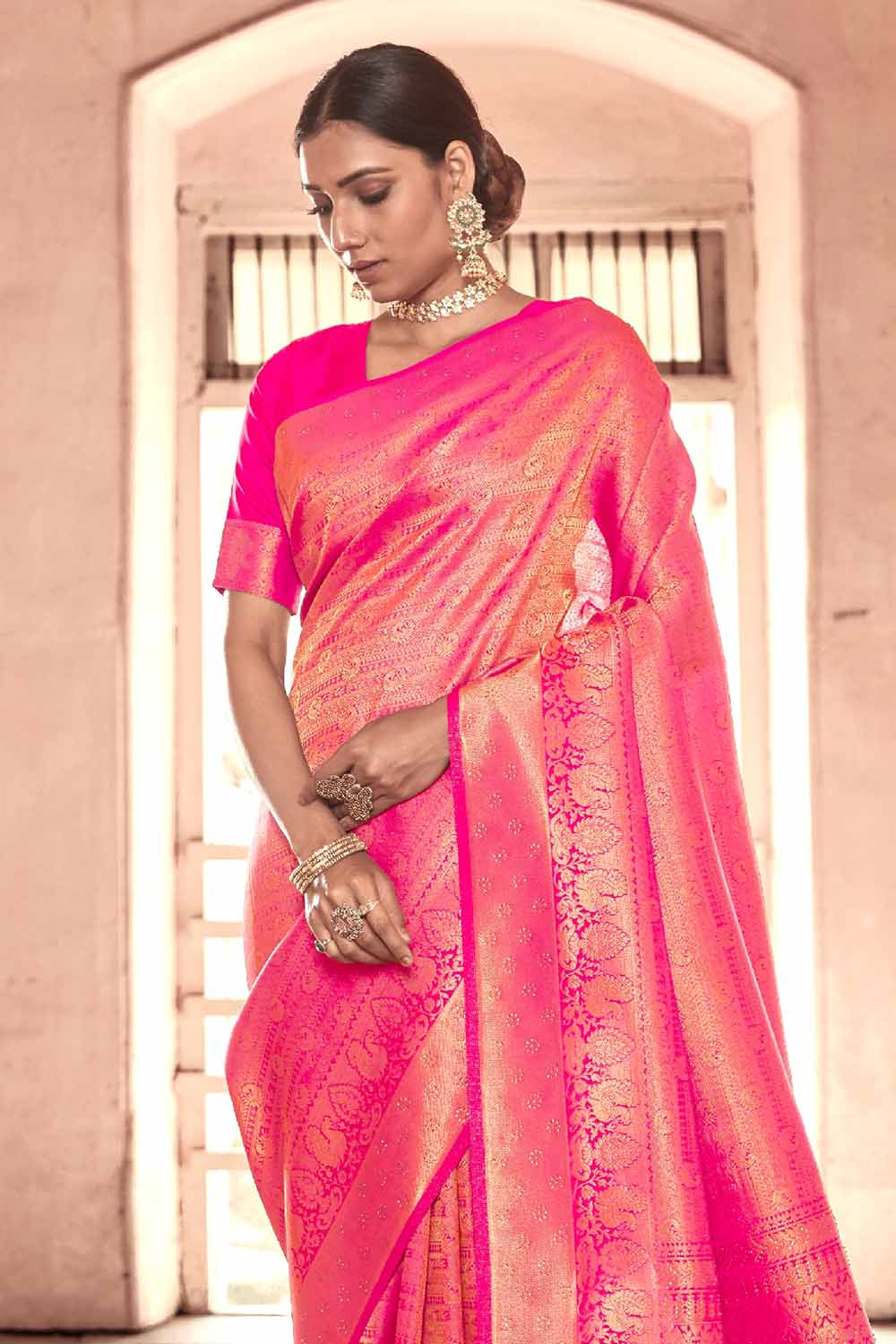 deep pink zari woven kanjivaram fusion saree with swaroski 1