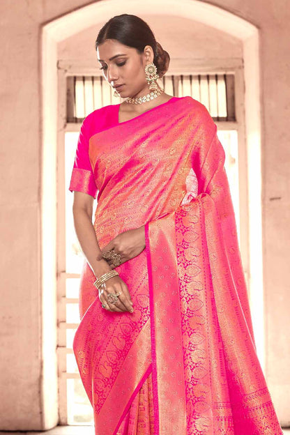 deep pink zari woven kanjivaram fusion saree with swaroski 1