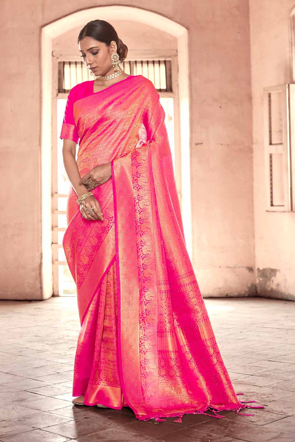 deep pink zari woven kanjivaram fusion saree with swaroski 3