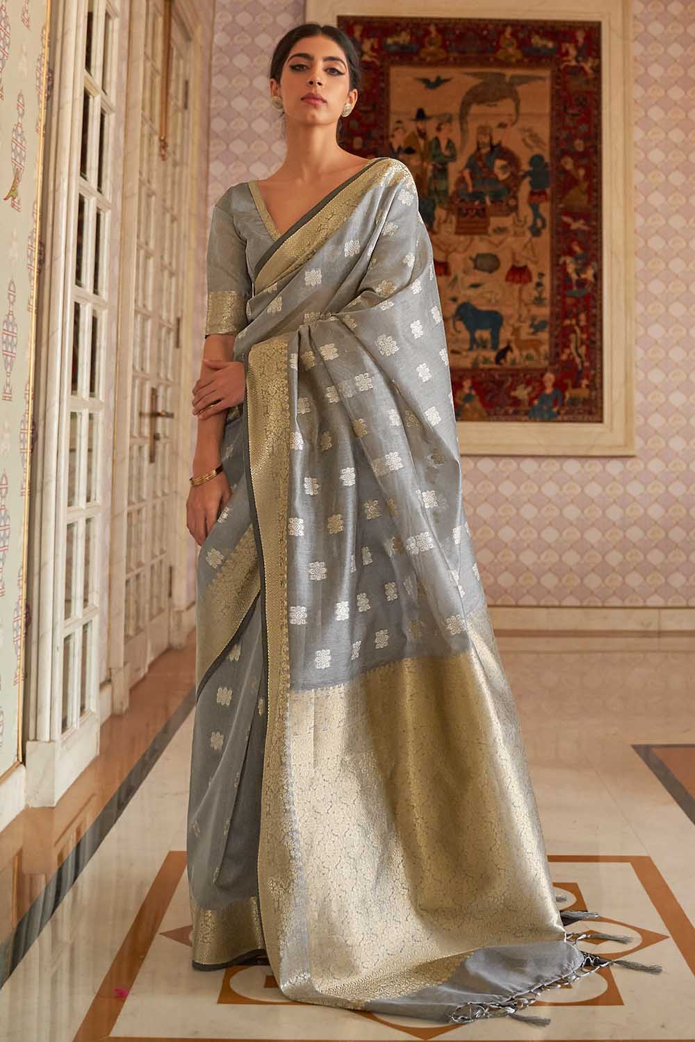 pigeon grey cotton linen saree 3