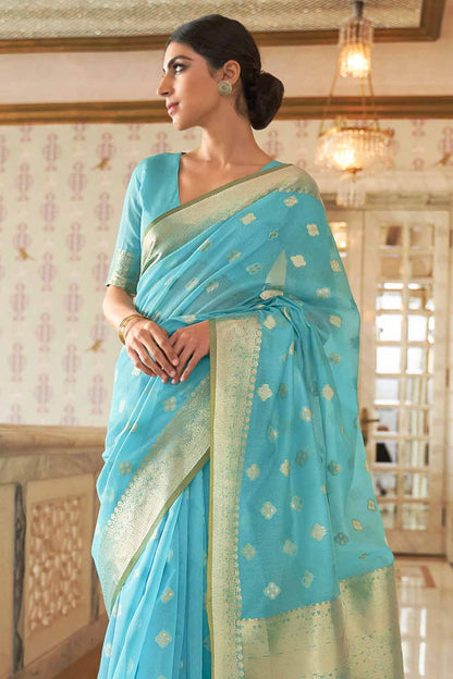 cyan blue cotton linen saree 1