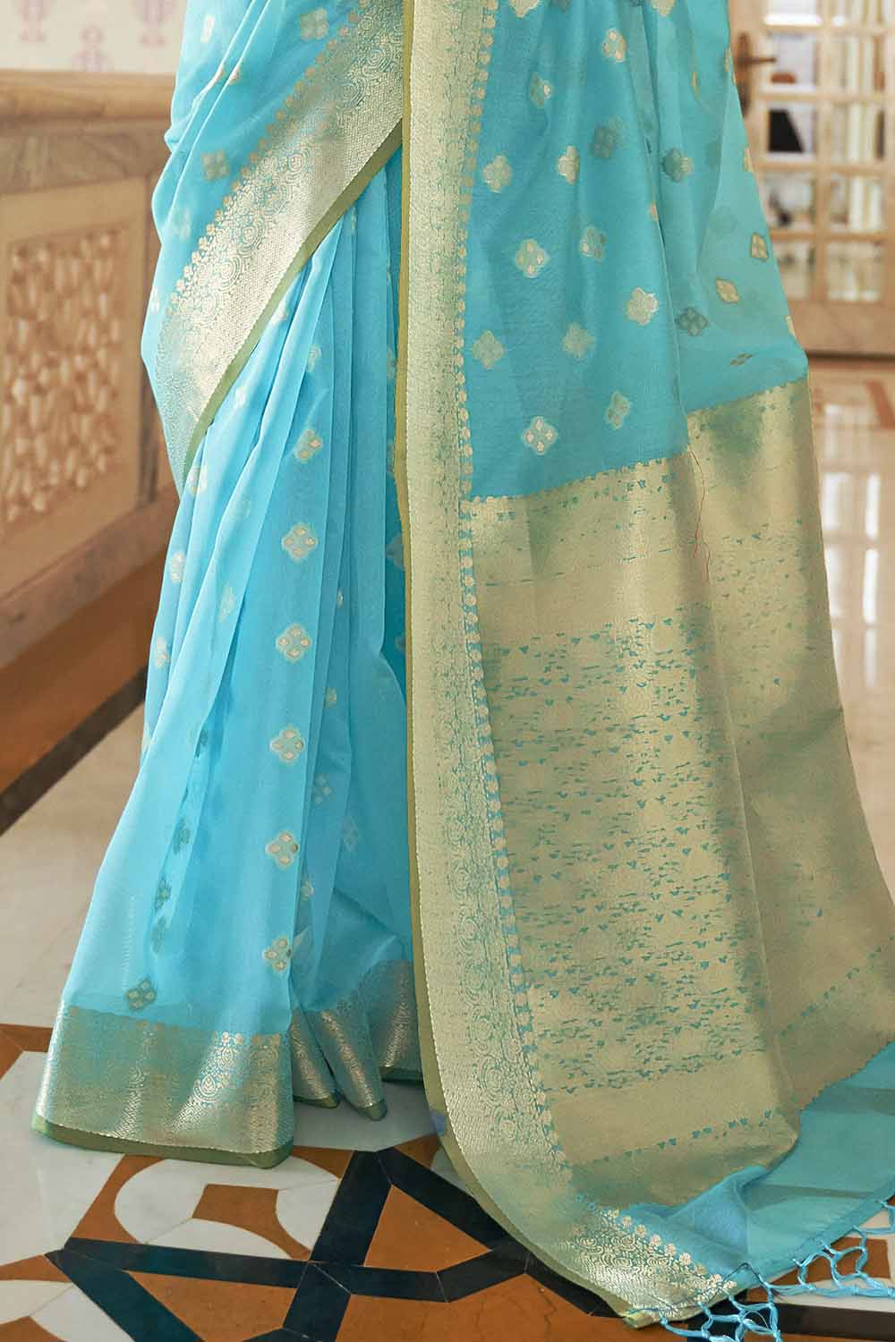 cyan blue cotton linen saree 2