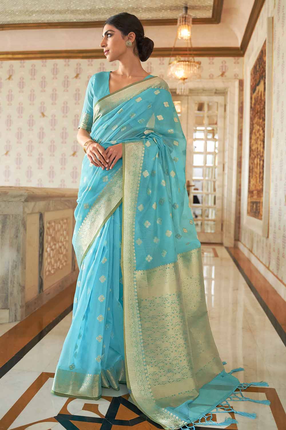 cyan blue cotton linen saree 3