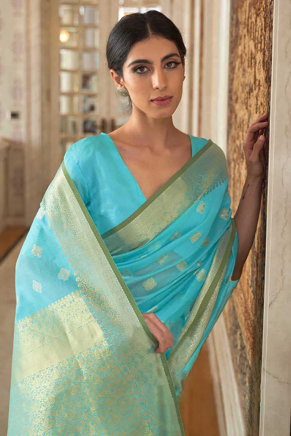 cyan blue cotton linen saree 4