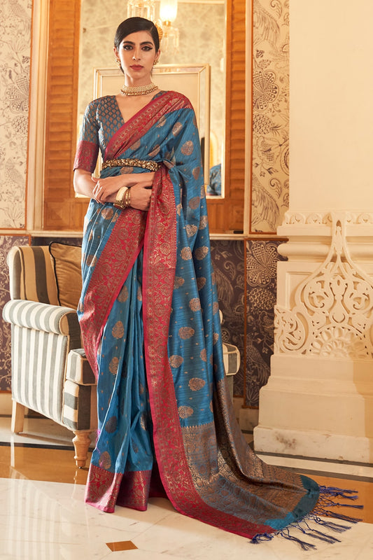 classic blue zari woven south silk saree 3