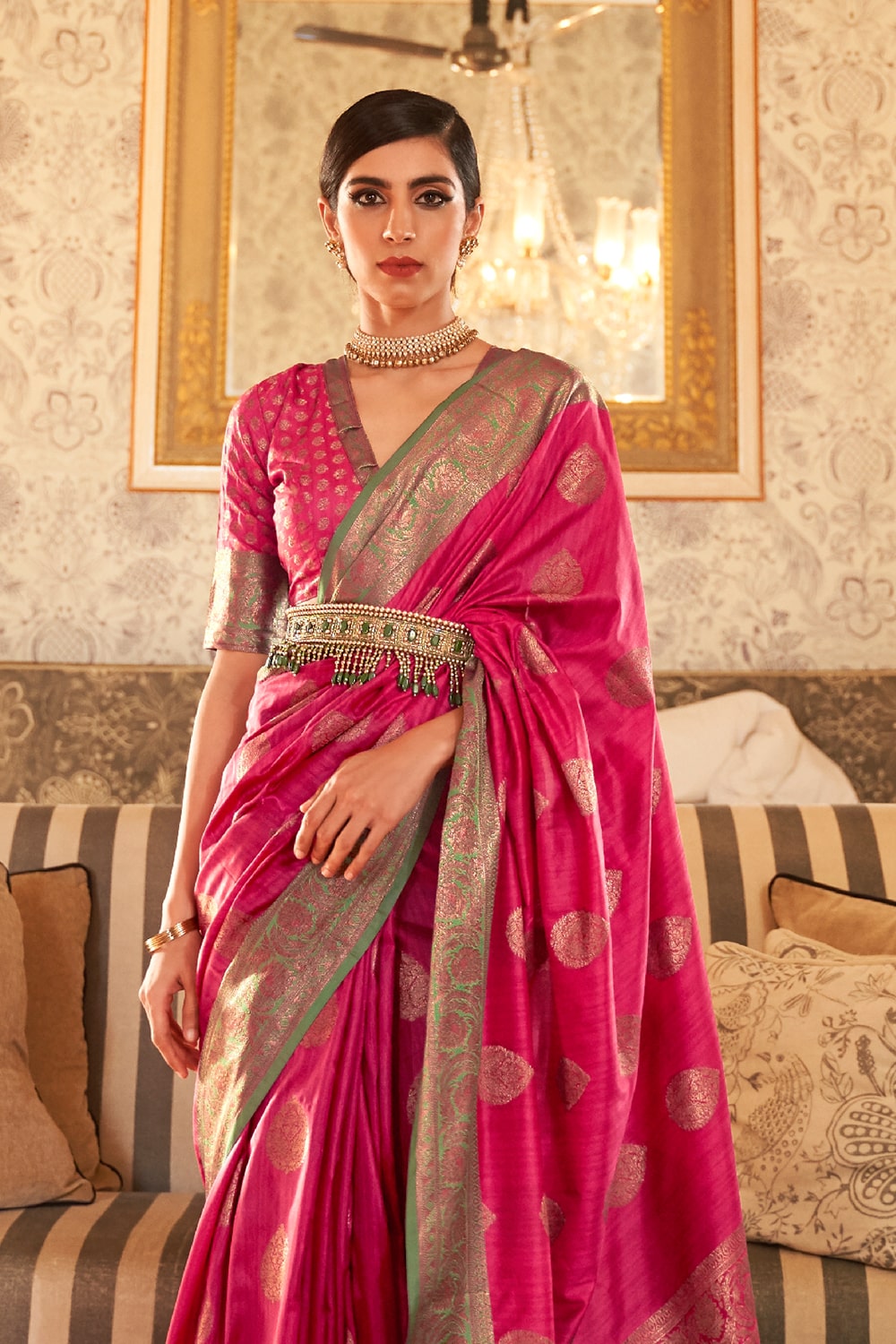 cerise pink zari woven south silk saree 1