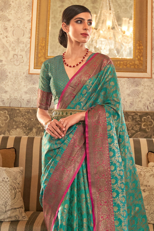 teal blue zari woven south silk saree 1