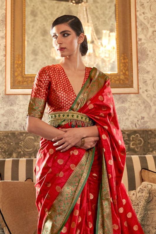 crimson red zari woven south silk saree 1