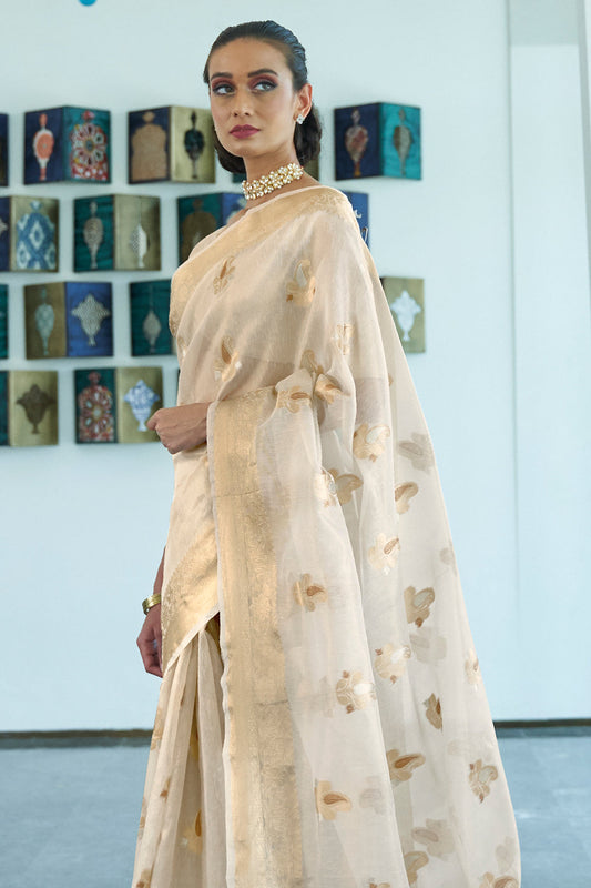 porcelain off white colour organza saree 1