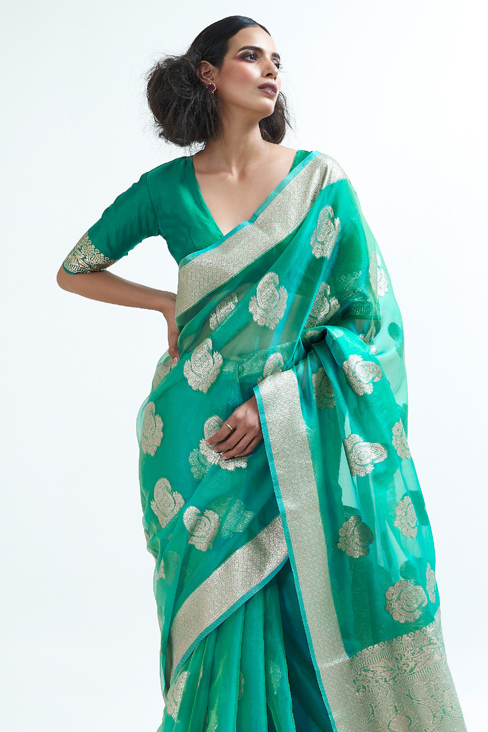 pine green organza saree 1