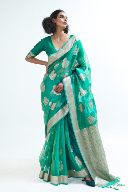 pine green organza saree 3