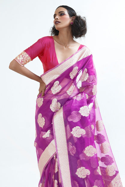 plum purple organza saree 1