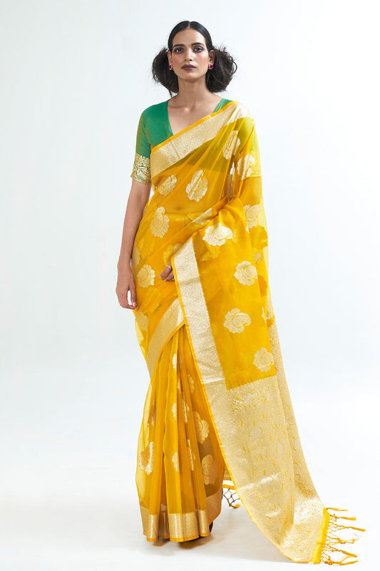 bumblebee yellow organza saree 3