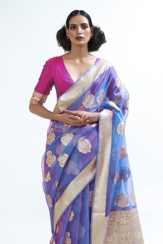 lilac blue organza saree 1