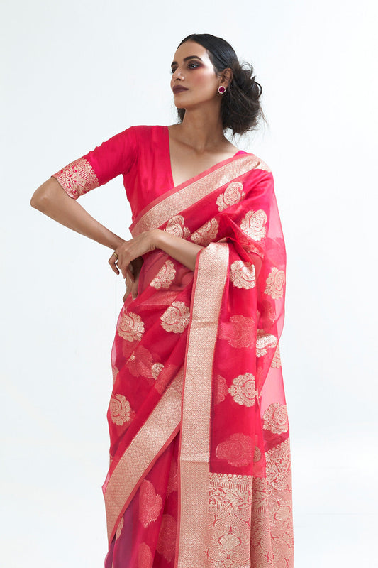 rose red organza saree 1