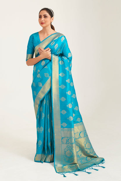 ocean blue zari butta banarasi saree 3