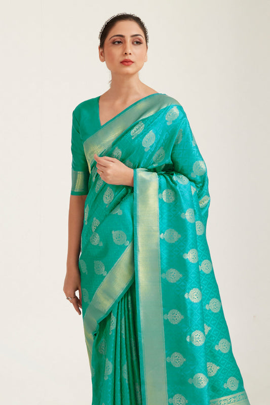 turquoise blue zari butta banarasi saree 1