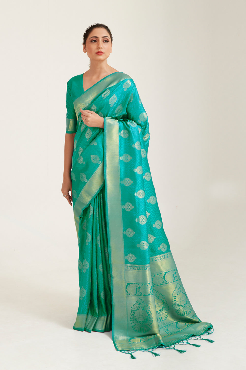 turquoise blue zari butta banarasi saree 3