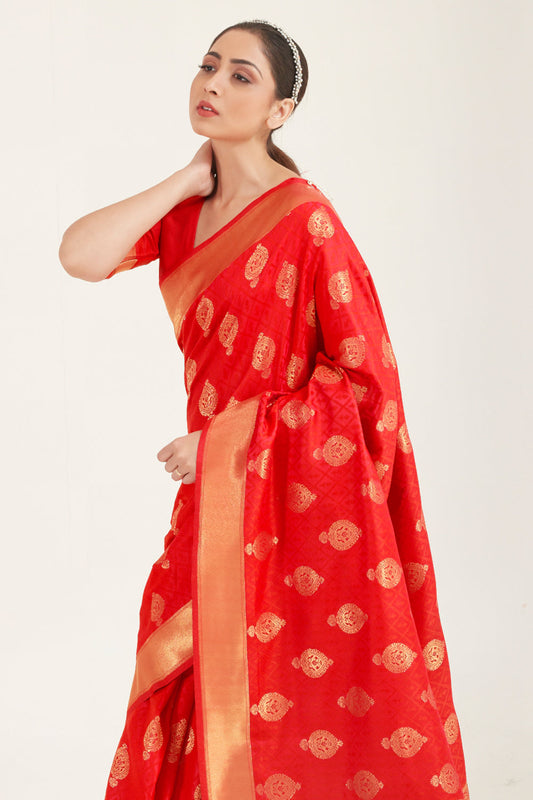 rose red zari butta banarasi saree 1