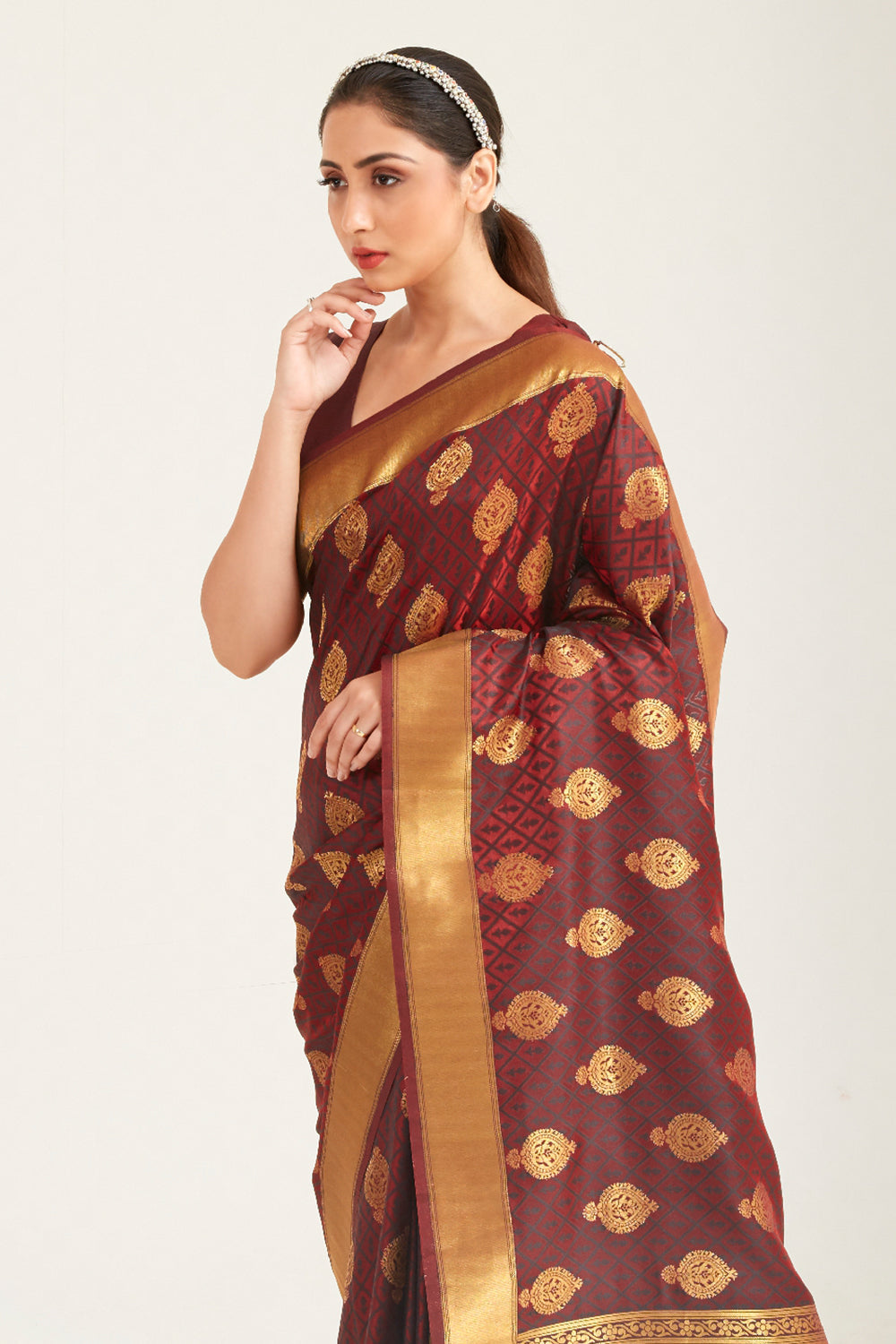 cinnamon brown zari butta woven banarasi saree 1