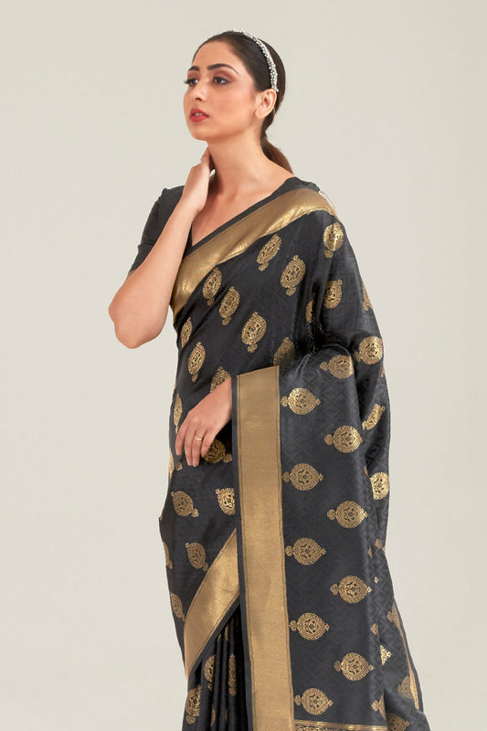 pebble grey zari butta woven banarasi saree 1