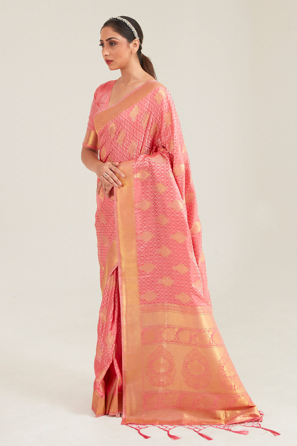 rose pink zari butta woven banarasi saree 3